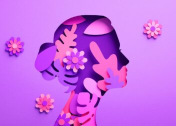 International Womens Day poster with woman silhouette and floral ornaments in paper cut 3D illustration. Female face flyer for feminism, independence, empowerment and Women's day equality concept